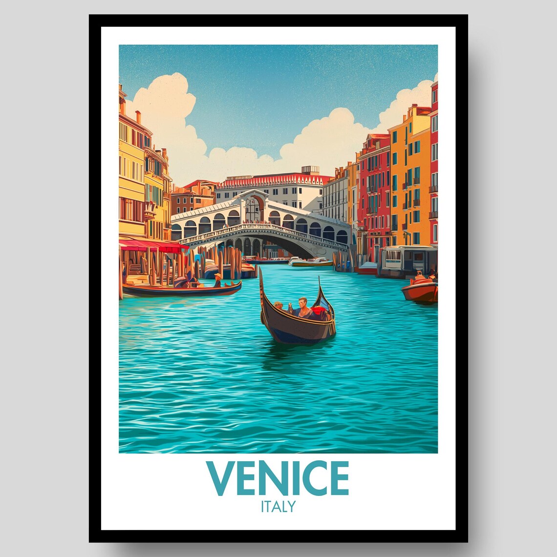 Venice Italy Rialto Bridge Gondola Grand Canal Vintage Art Poster