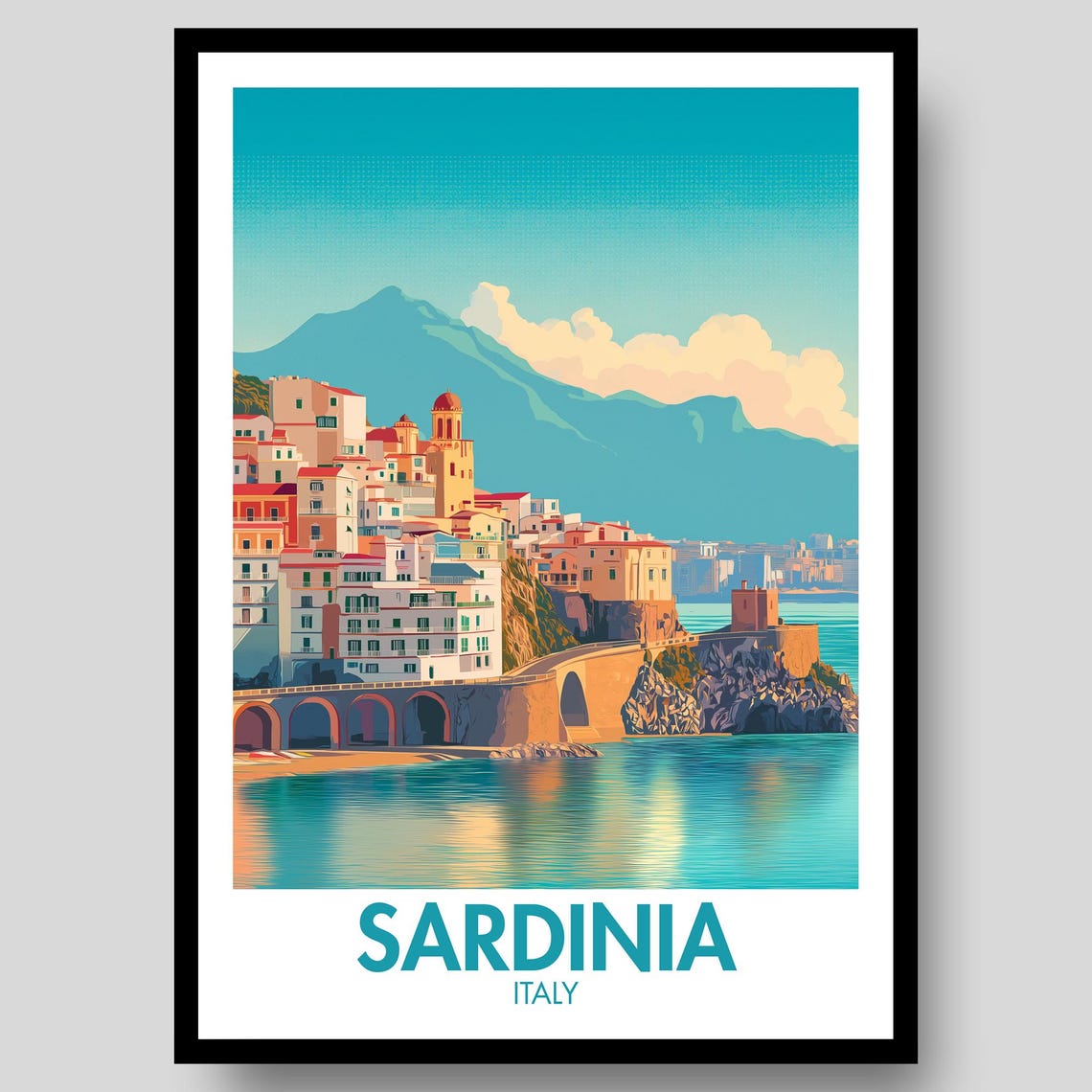 Sardinia Italy Coastal Town Arched Bridge Seaside View Travel Poster