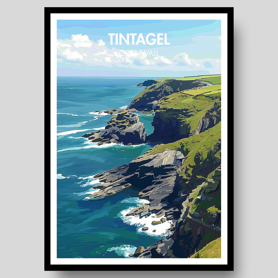 Tintagel Cornwall Rocky Headland Turquoise Sea Travel Poster