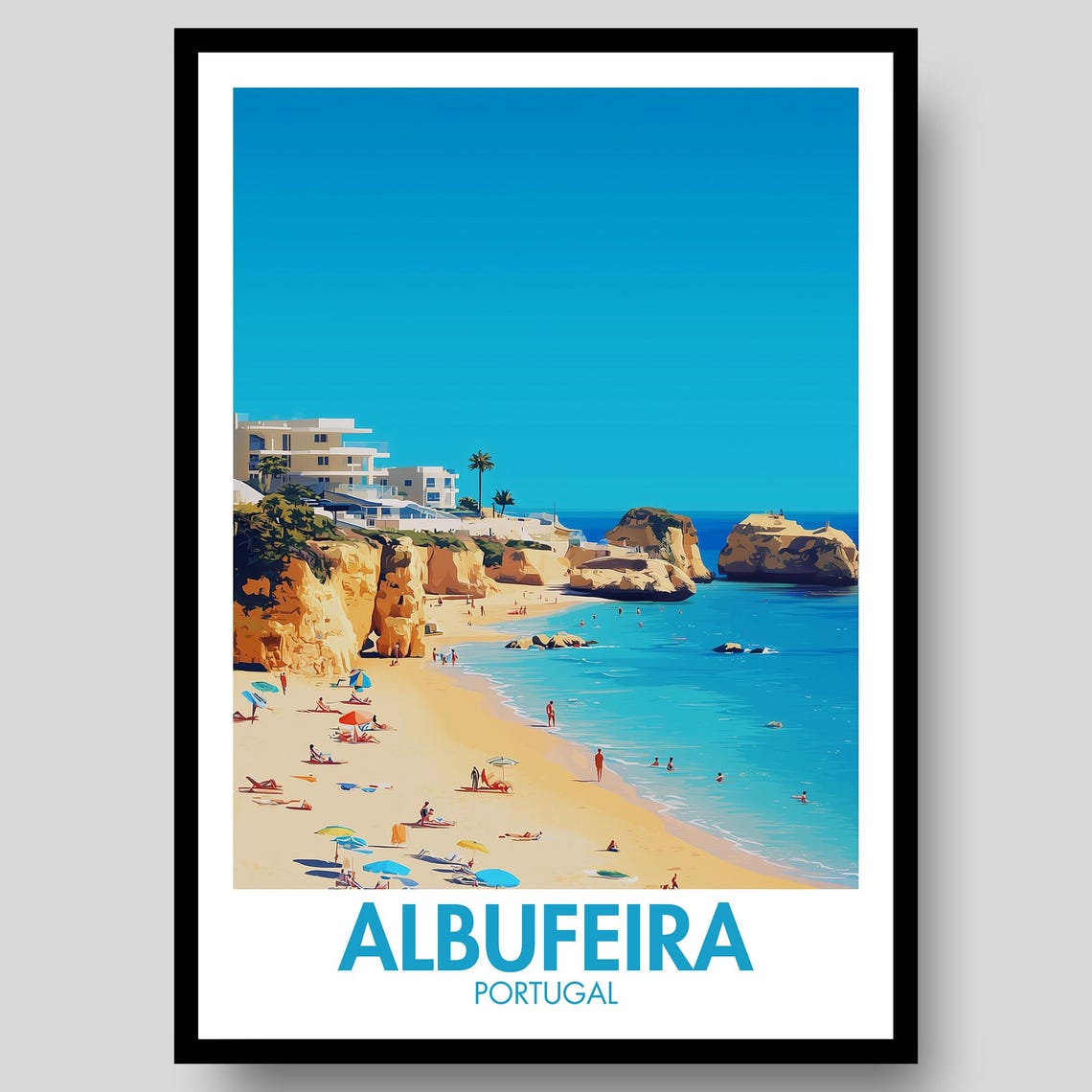 Albufeira Portugal Sunlit Beach Golden Cliffs Vintage Coast Poster