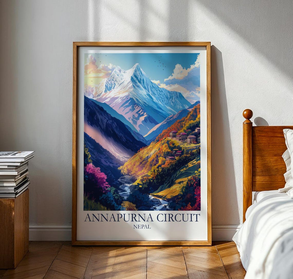 Annapurna Circuit Nepal Himalayan Snow Peaks Trek Travel Poster