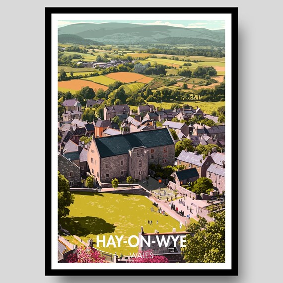 Hay On Wye Wales Rolling Countryside Vintage Travel Illustration Poster