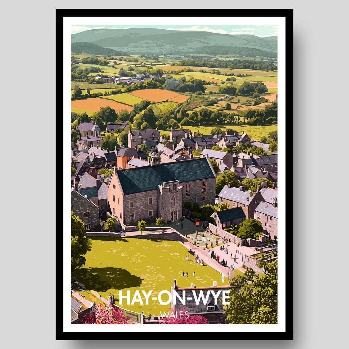 Hay On Wye Wales Rolling Countryside Vintage Travel Illustration Poster