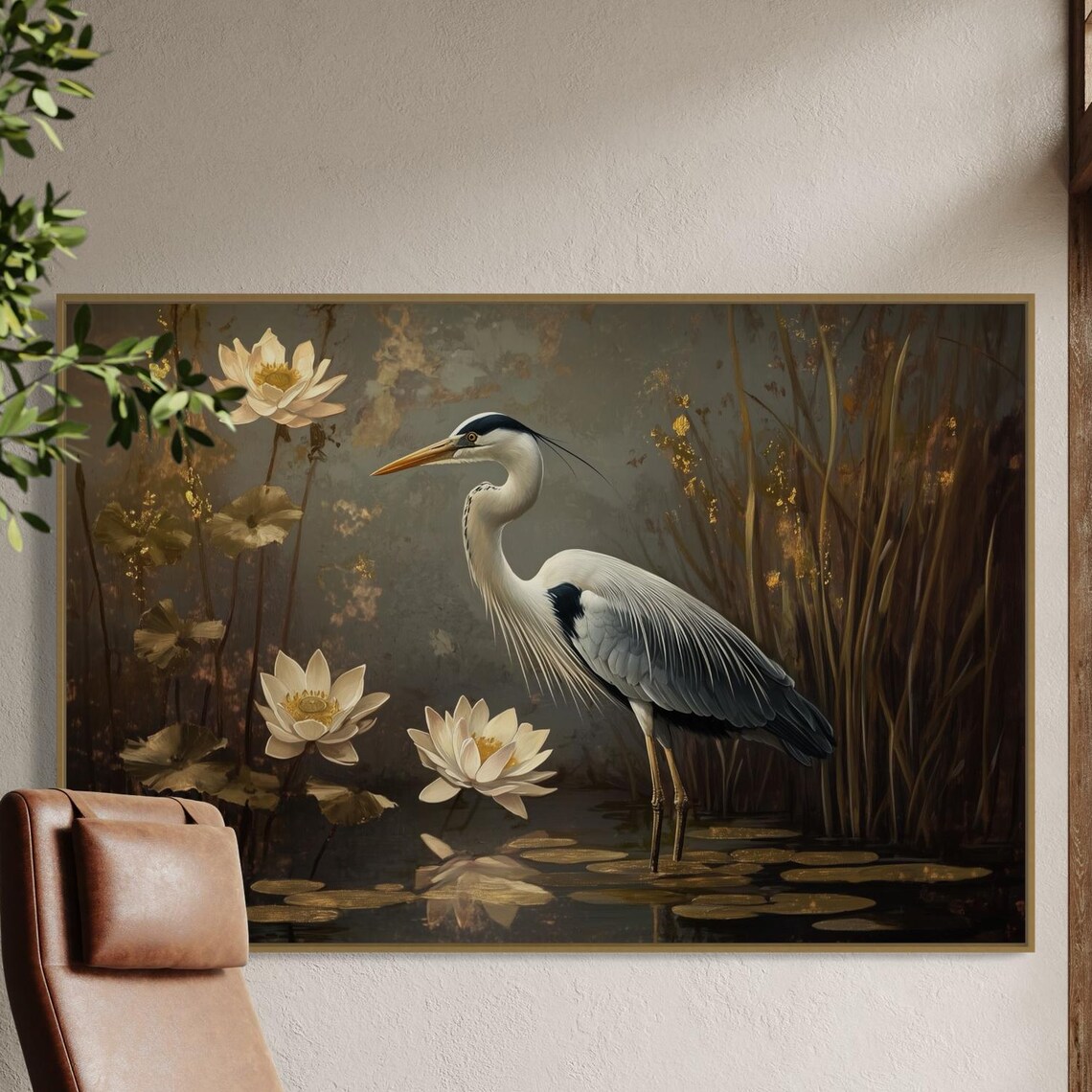 Elegant Heron Art Print, Serene Lily Pond Decor