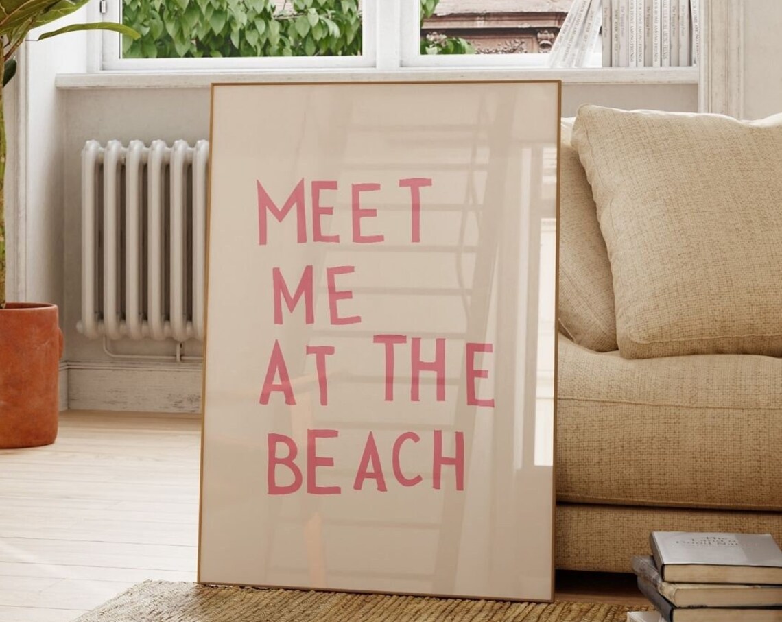 Meet Me At The Beach Pink Coastal Typography Art