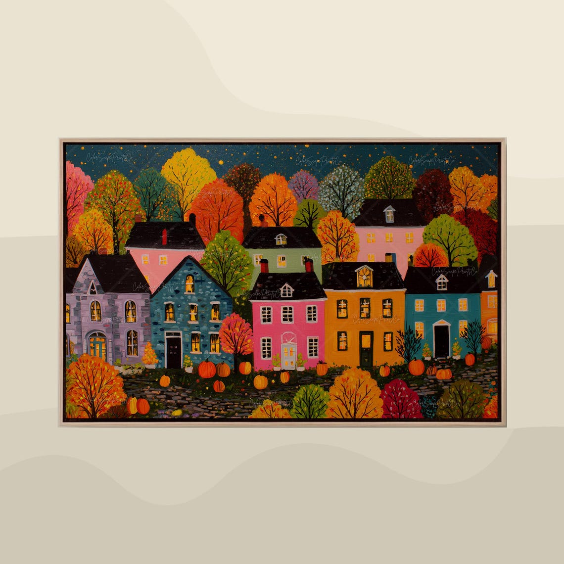 Cozy Autumn Village Night Painting Fall Pumpkins Landscape Poster