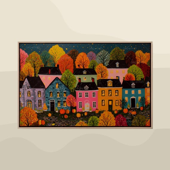 Autumn Village Painting Warm Landscape Art Print Cozy Fall Houses Wall Pumpkin Halloween Whimsical