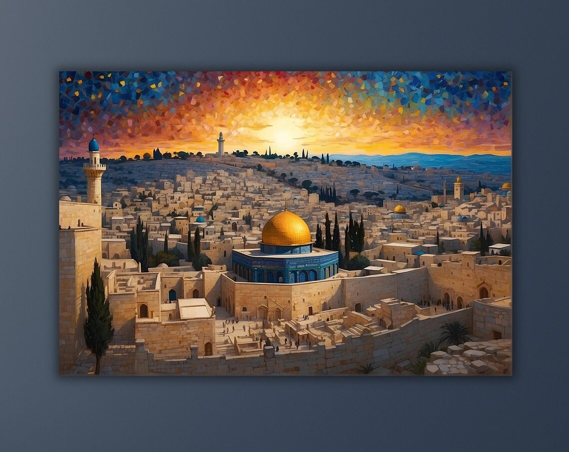 Dome of the Rock Jerusalem Golden Sunset Mosaic Style Landmark Poster