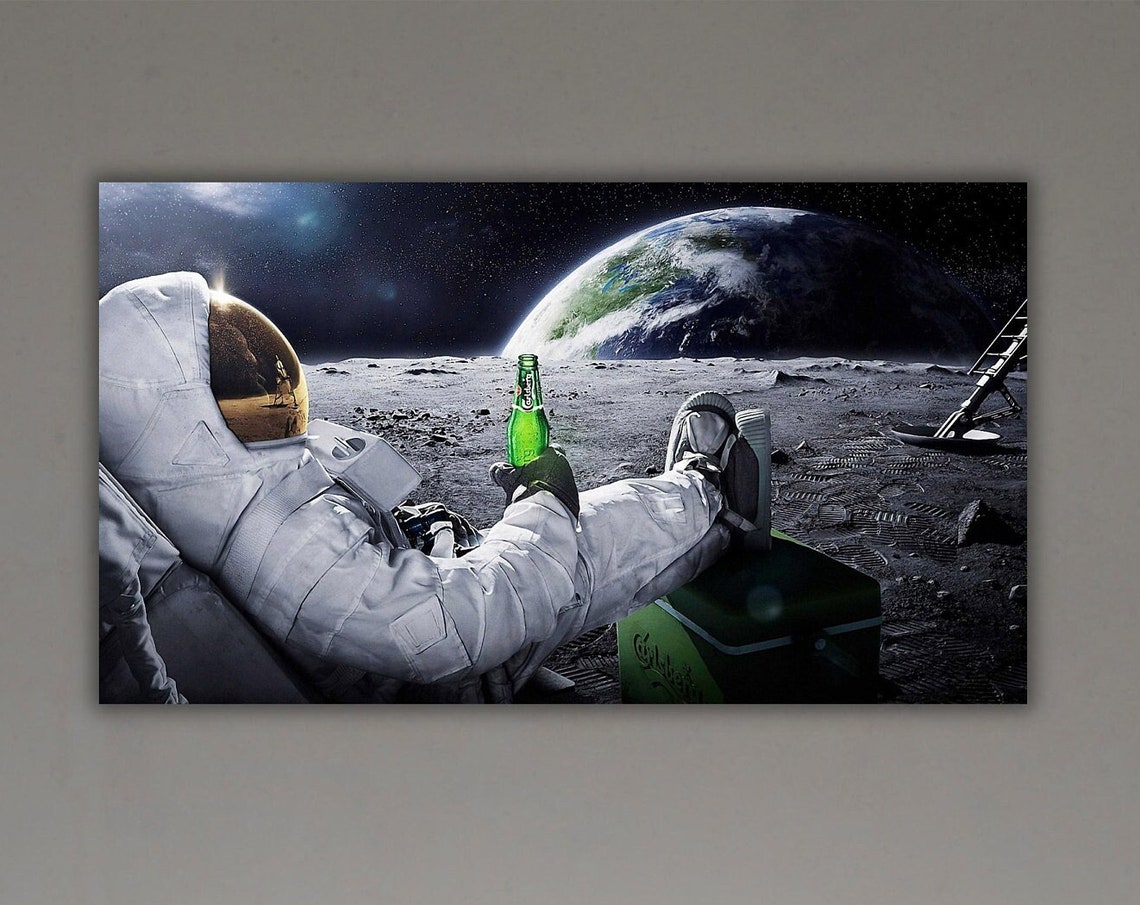 Astronaut Relaxing on the Moon Drinking Beer Funny Space Poster