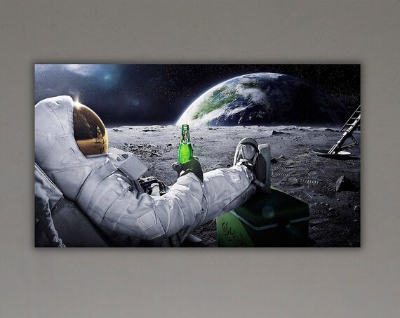 Astronaut Relaxing on the Moon Drinking Beer Funny Space Poster