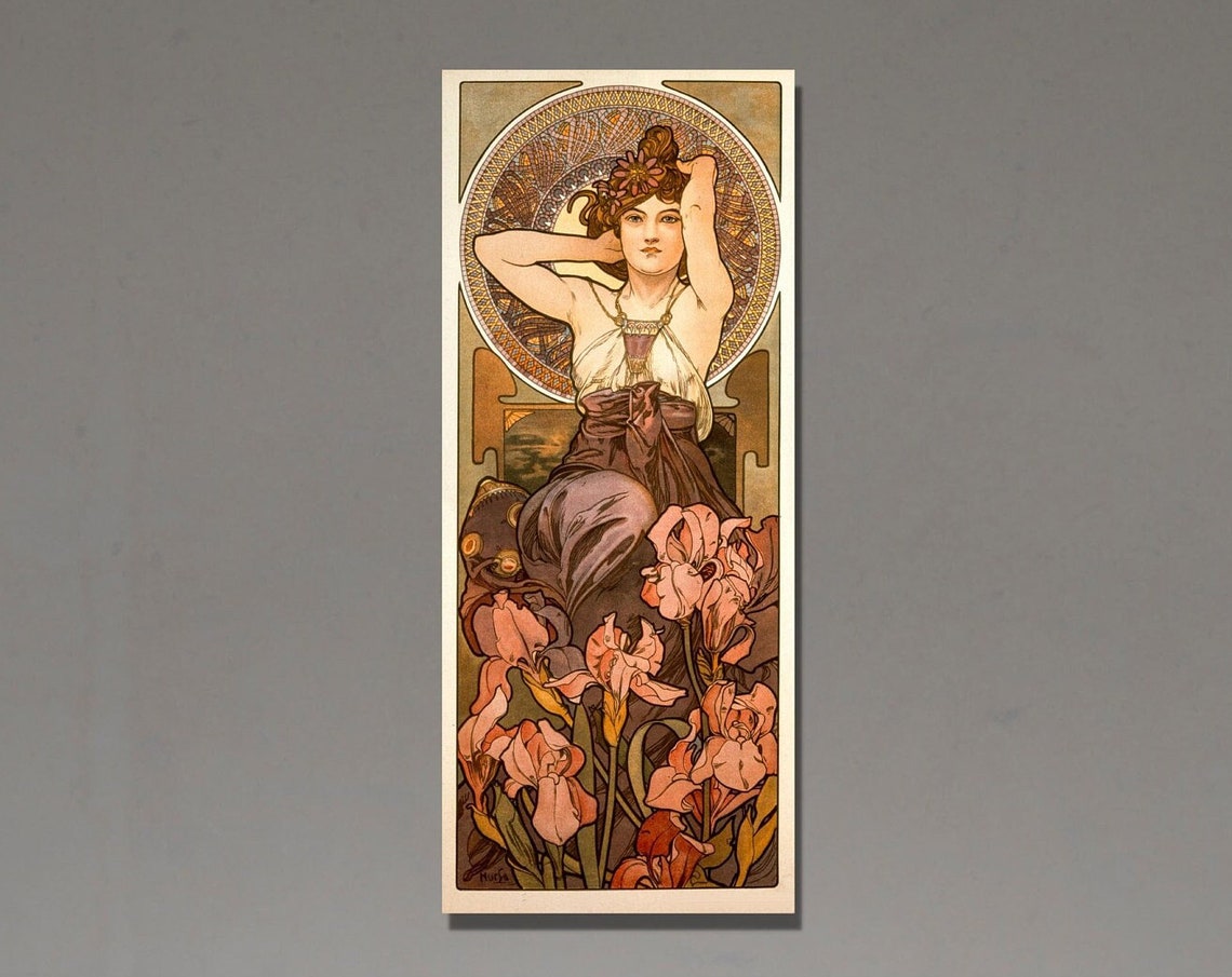 Vintage Mucha Art Nouveau Woman with Irises Floral Beauty Poster