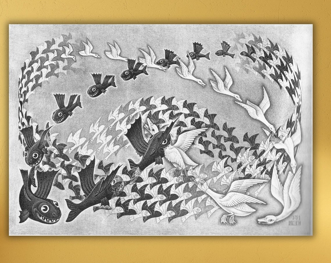 M C Escher Sky and Water Fish Bird Tessellation Optical Art Poster