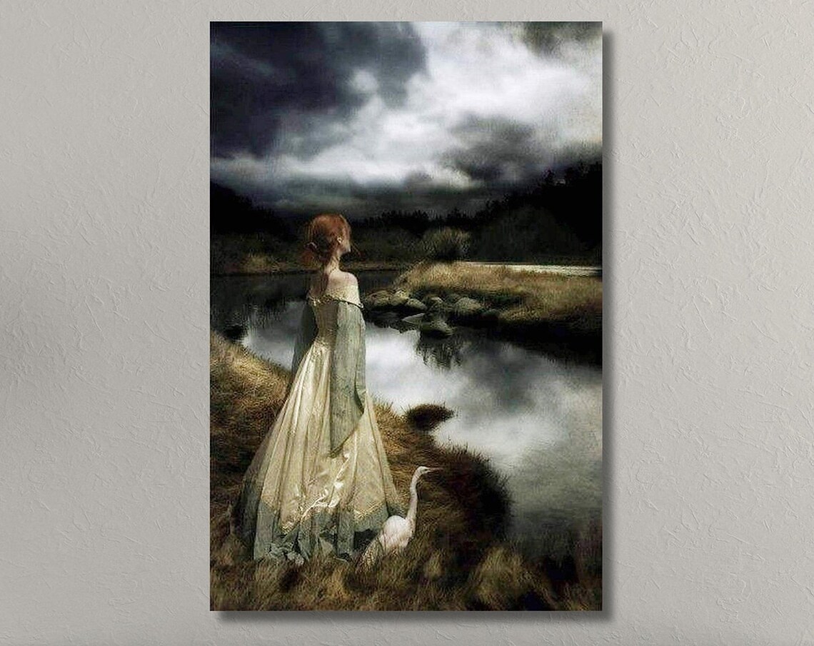 Mysterious Woman White Dress Misty River Crane Gothic Art Poster
