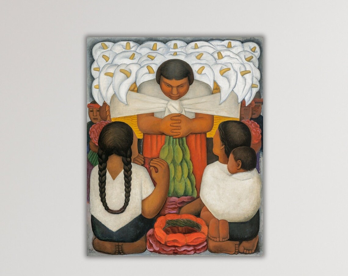 Mexican Flower Vendor With White Calla Lilies Folk Art Poster