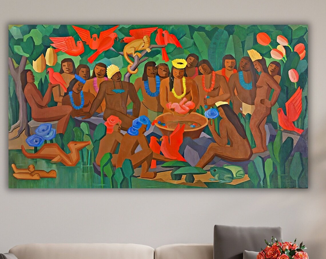 Jungle Ceremony Gathering Tropical Mural Style Bold Color Art Poster