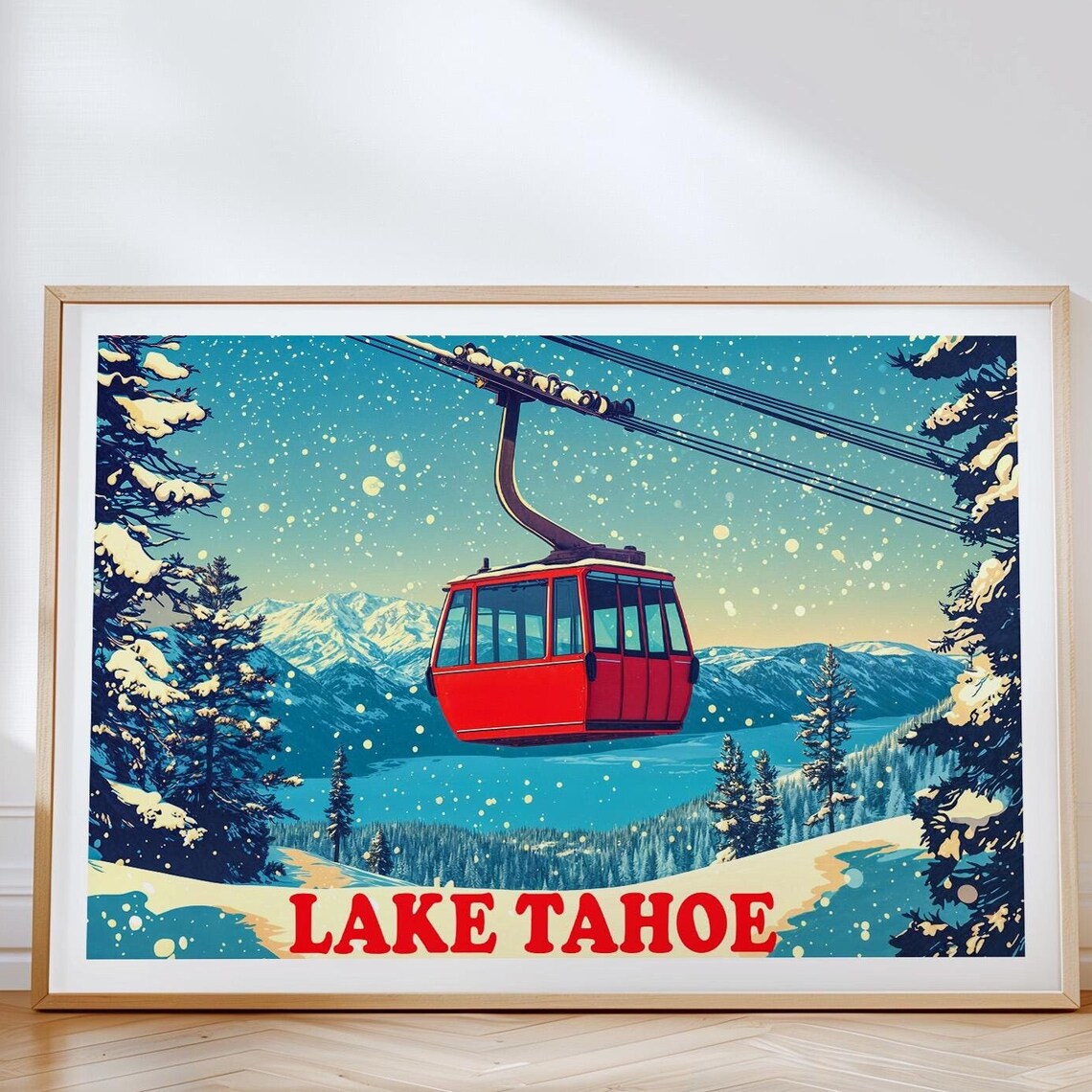 Lake Tahoe Winter Gondola Snow Mountains Retro Ski Travel Poster