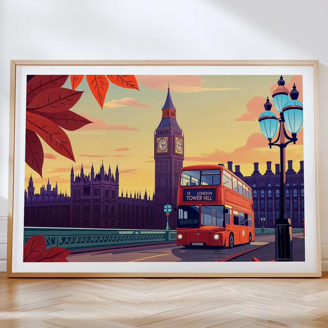 London Big Ben Red Bus England Landmarks Retro City Travel Poster