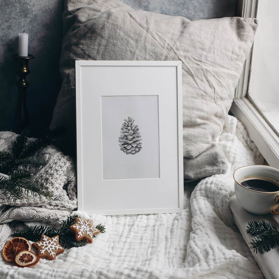 Pinecone Sketch Christmas Print, Rustic Vintage Style - Image 2