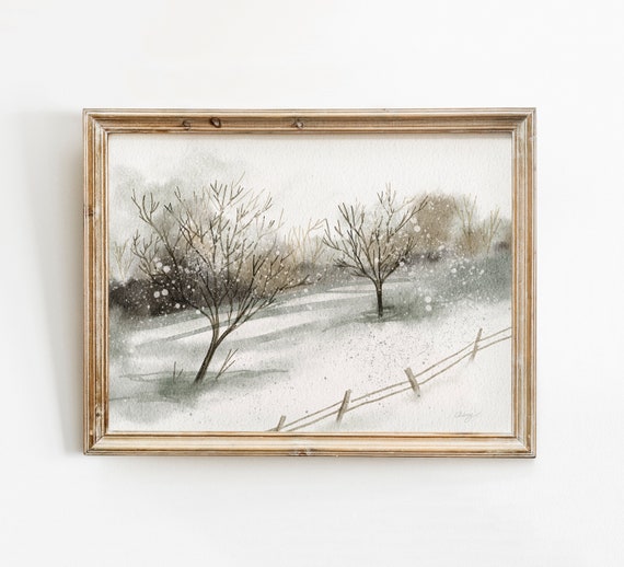 Winter Landscape Art Print, Neutral Vintage Style