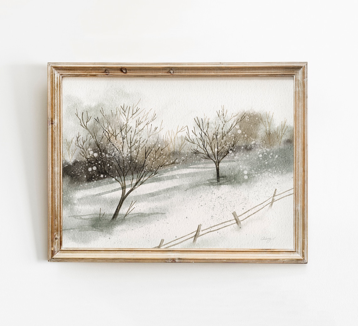 Winter Landscape Art Print, Neutral Vintage Style