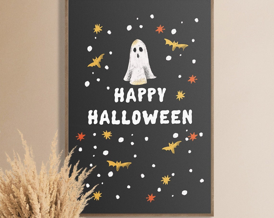 Happy Halloween Cute Ghost Bats Dark Moody Halloween Decor Poster