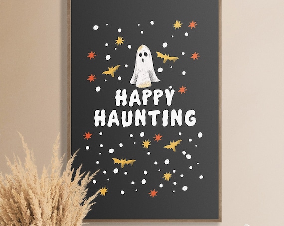 Happy Haunting Cute Ghost Bats Stars Minimalist Halloween Poster