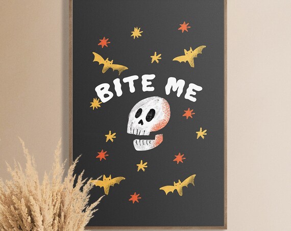Bite Me Funny Skull Bats Humor Minimalist Halloween Wall Poster