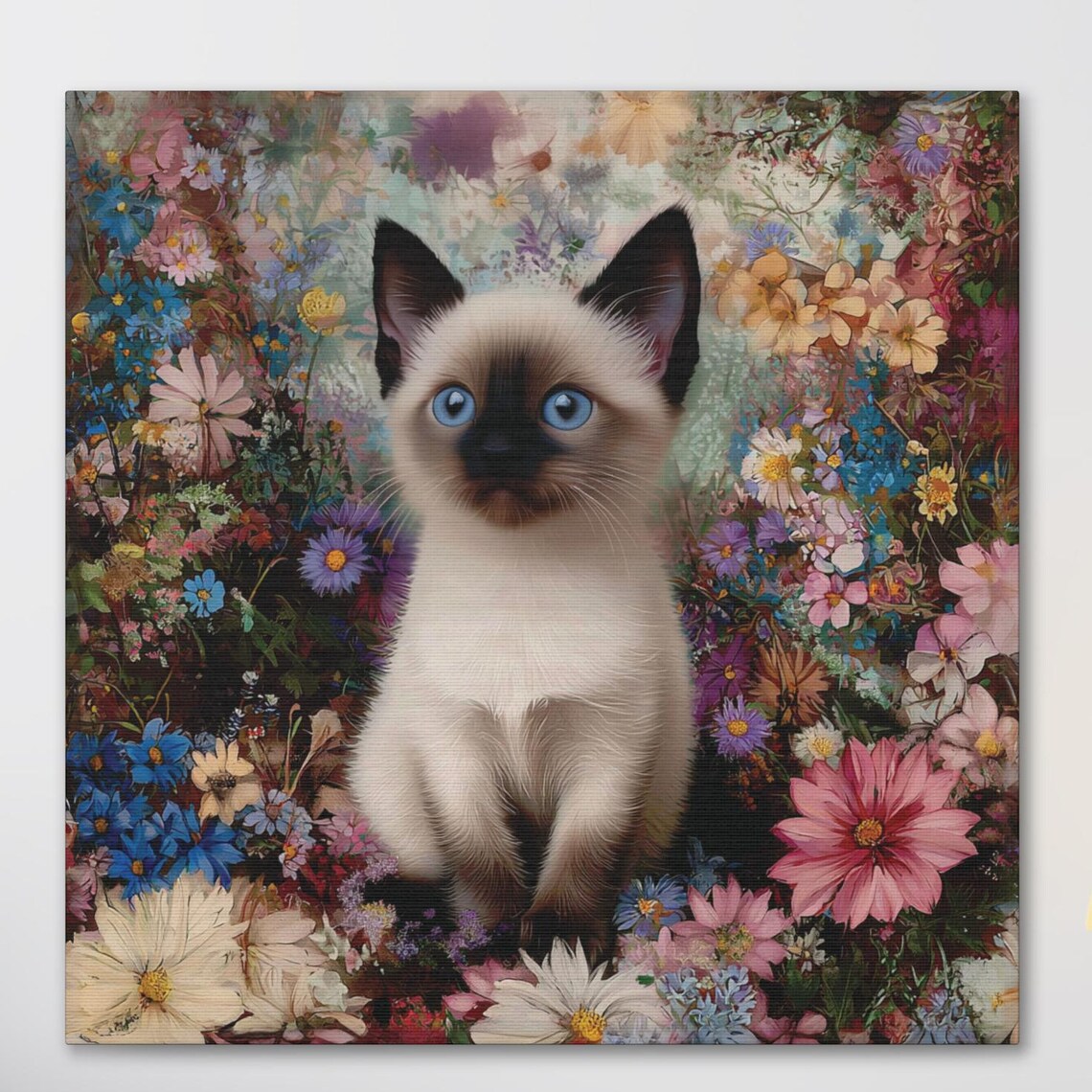 Blue-Eyed Siamese Kitten Sitting in a Burst of Colorful Spring Wildflowers Poster