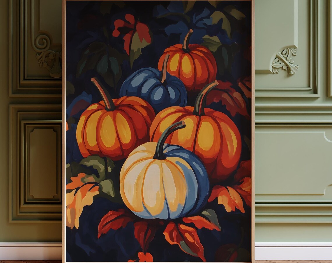 Autumn Pumpkin Patch at Night Blue Orange Harvest Art Poster - Image 4