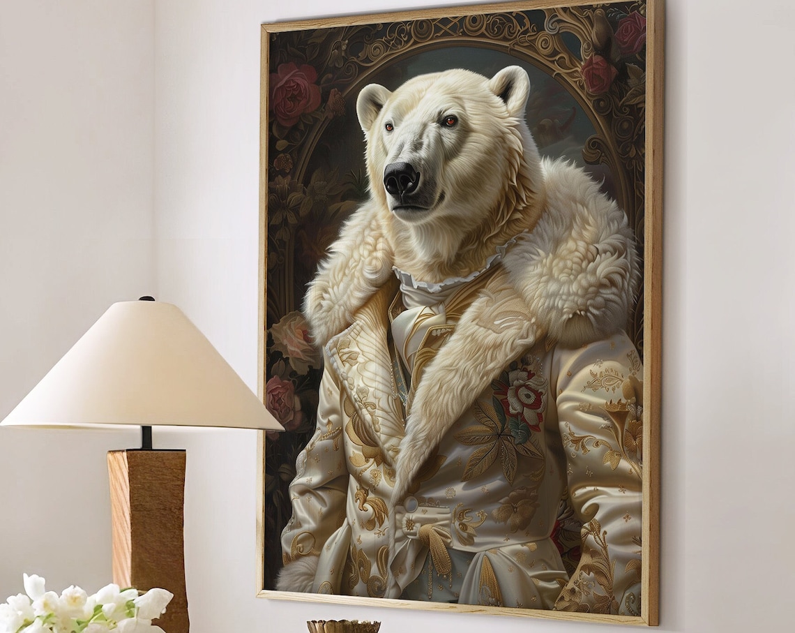 Polar Bear Royal Renaissance Portrait Ivory Brocade Coat Wall Art