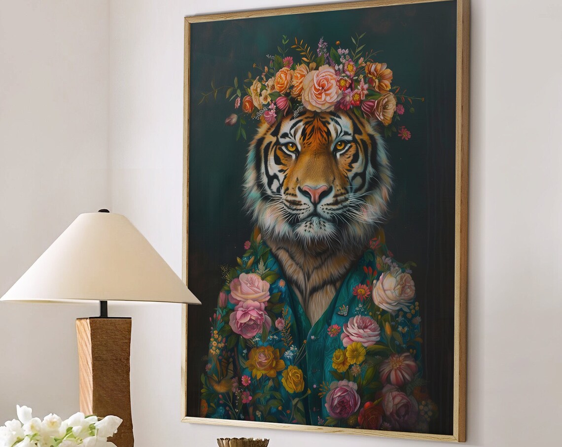 Tiger Wearing Flower Crown and Floral Robe Dark Botanical Portrait Poster