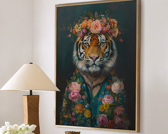 Tiger Wearing Flower Crown and Floral Robe Dark Botanical Portrait Poster