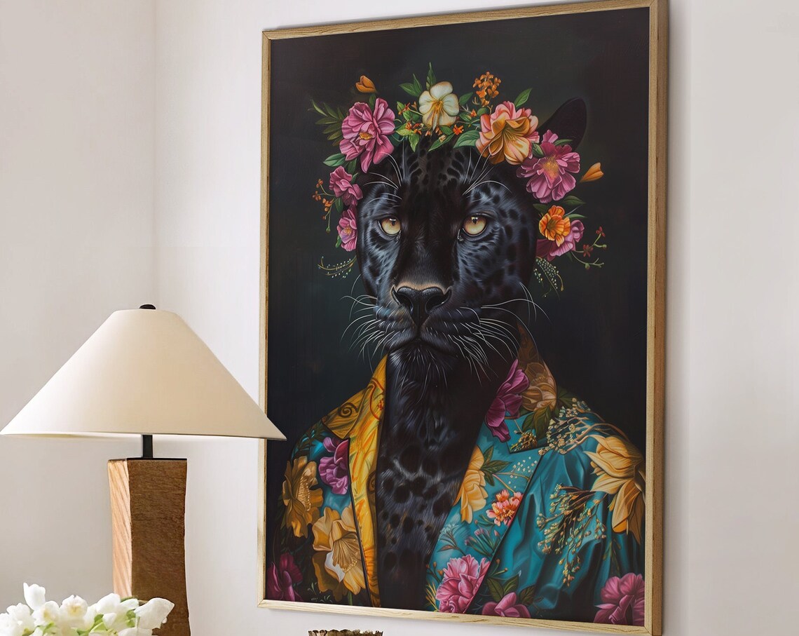 Black Panther Maximalist Eclectic Animal Portrait Art Print