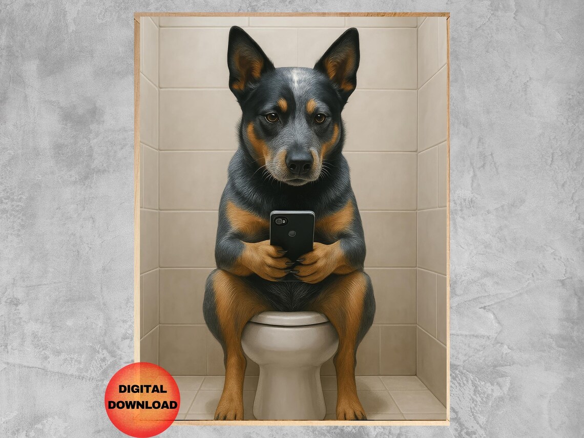 Blue Heeler Sitting On Toilet With Phone Funny Dog Bathroom Poster