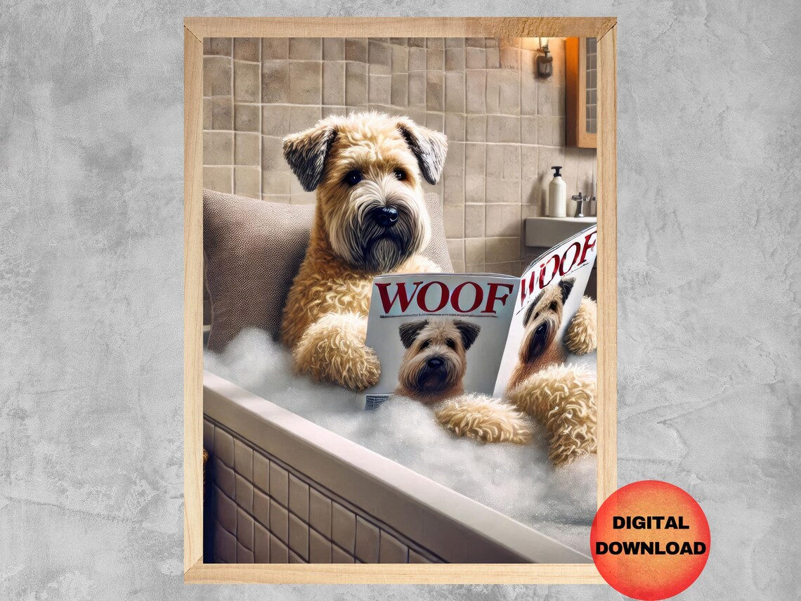 Wheaten Terrier In Bathtub, Funny Dog Bathroom Art Print