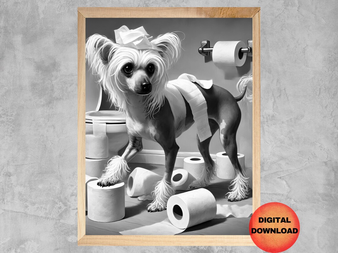 Chinese Crested On Toilet, Funny Dog Bathroom Art Print