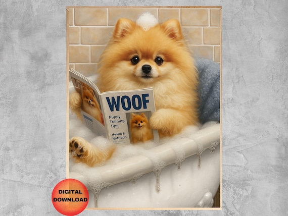 Pomeranian In Bathtub Wall Art Funny Pom Dog Bathroom Kids Pet Animal Humor Mom Dad Gift