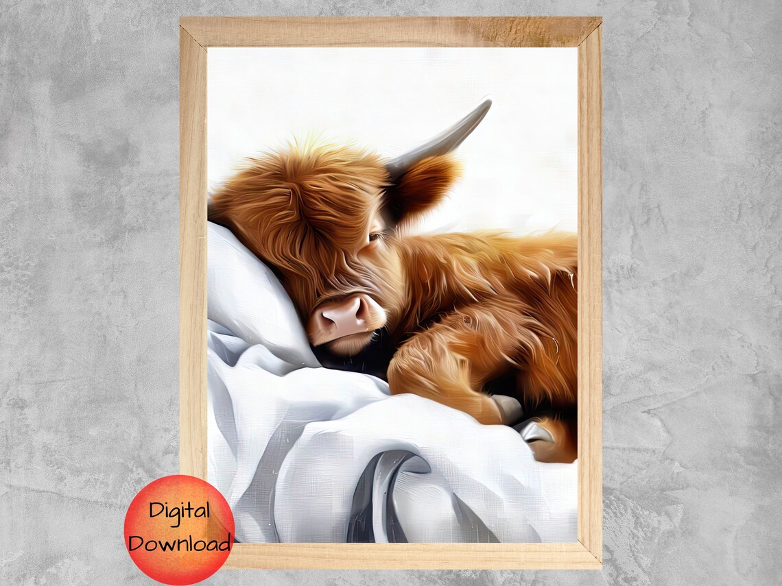 Highland Cow Sleeping Art Print, Nursery Decor