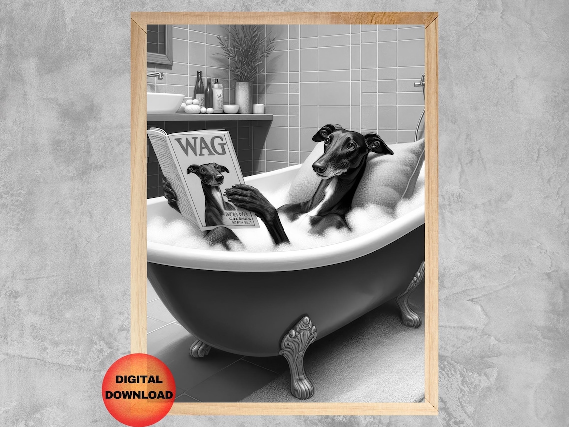 Black Greyhound Bathtub Wall Art, Funny Dog Bathroom Print