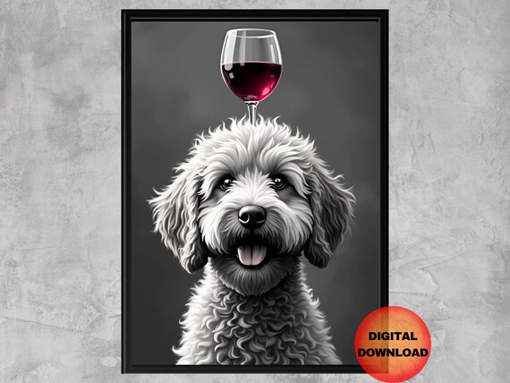 Goldendoodle Wine Glass Poster Doodle Dog Home Bar Cart Print Funny Wall Art Labradoodle Mom Gift Black And White