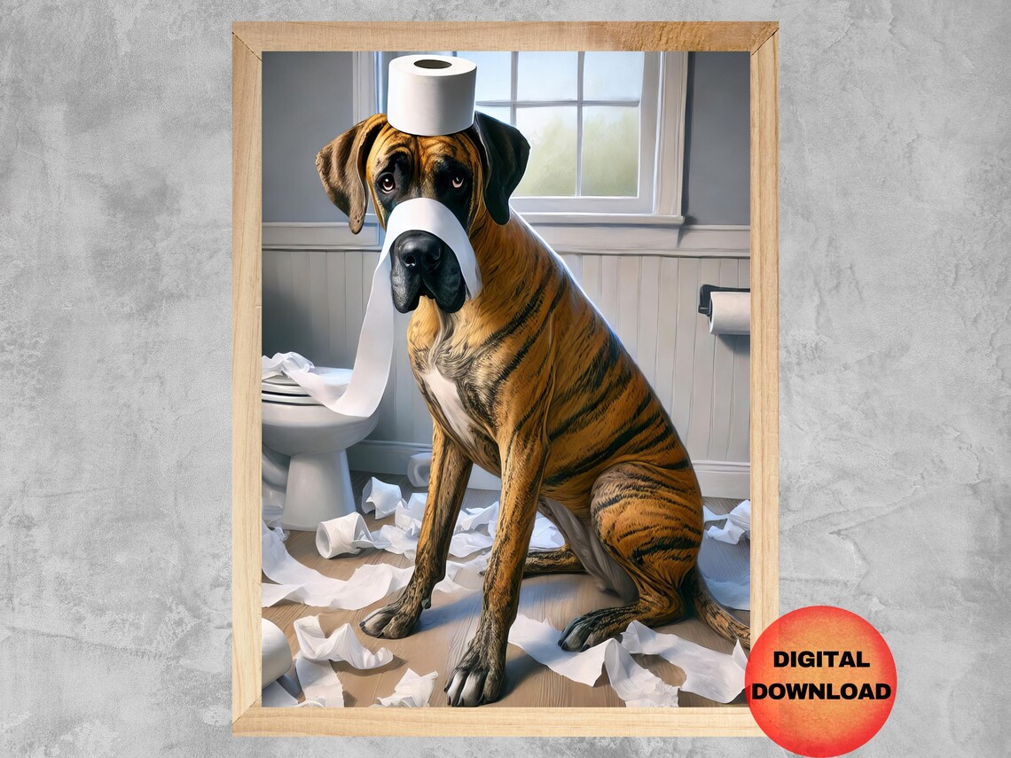 Brindle Great Dane Funny Toilet Bathroom Dog Art Print