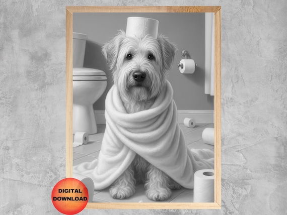 Funny Wheaten Terrier Bathroom Wall Art Black And White Toilet Kids Print Whimsy Dog Lover Gift