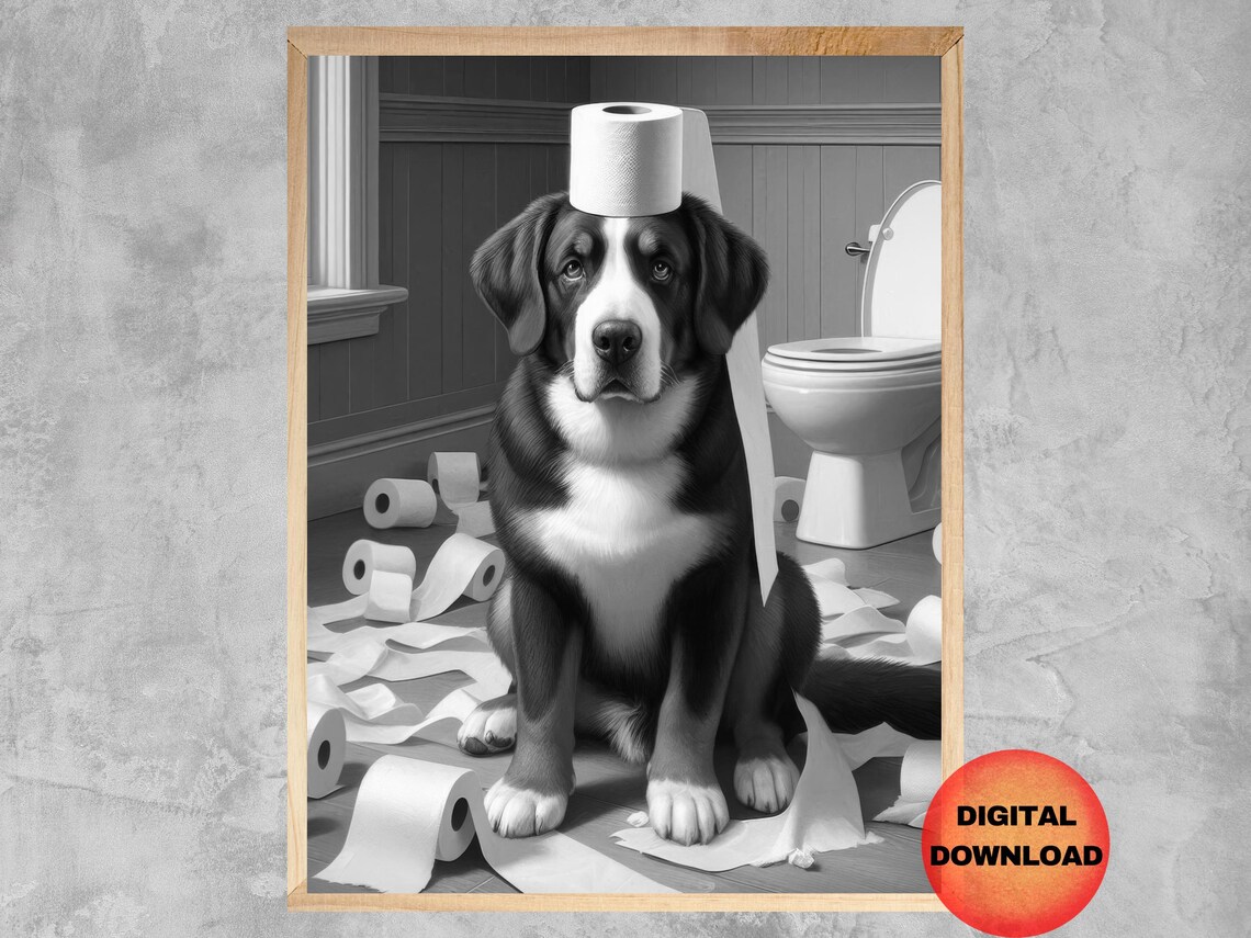 Mischievous Mountain Dog Toilet Paper Funny Bathroom Art Poster