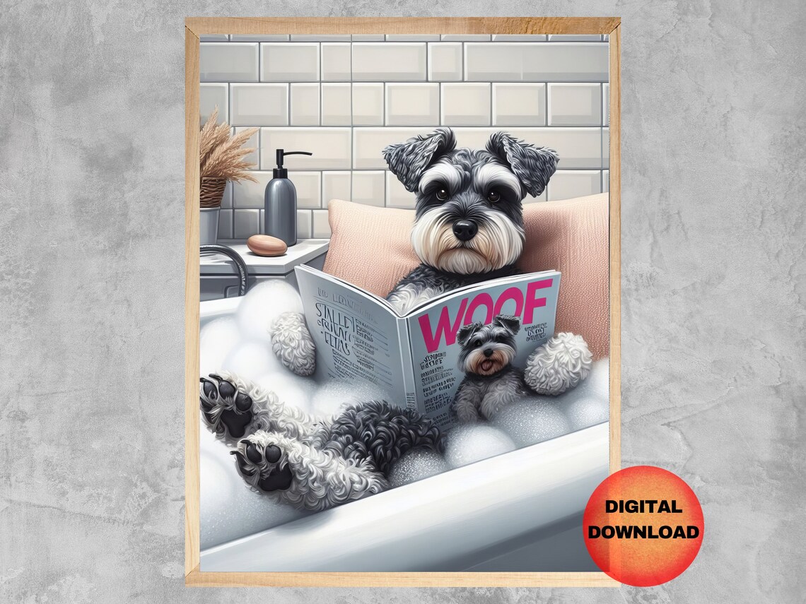 Miniature Schnauzer Bathroom Wall Art, Funny Dog Bath Print