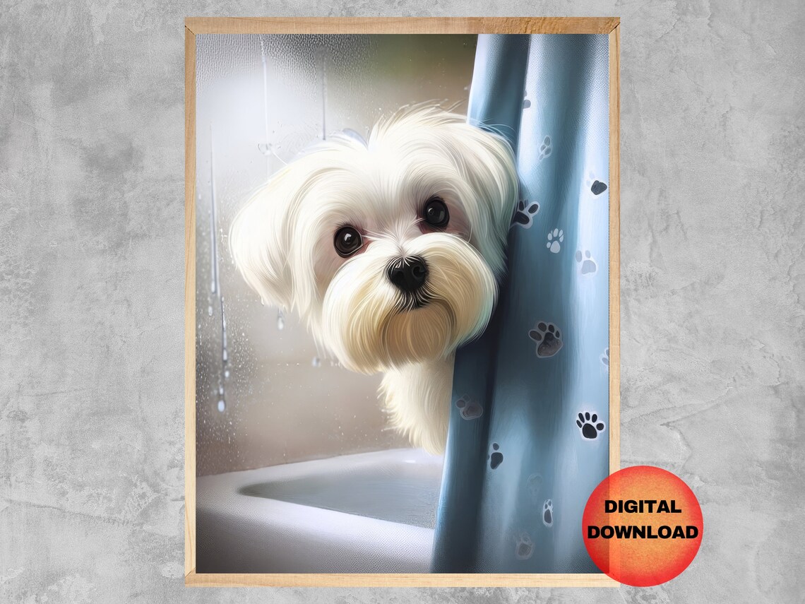 Maltese Bathroom Wall Art, Whimsy Gift For Dog Owner