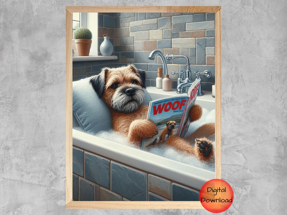 Funny Border Terrier Reading Magazine In Bathtub Bathroom Decor Poster