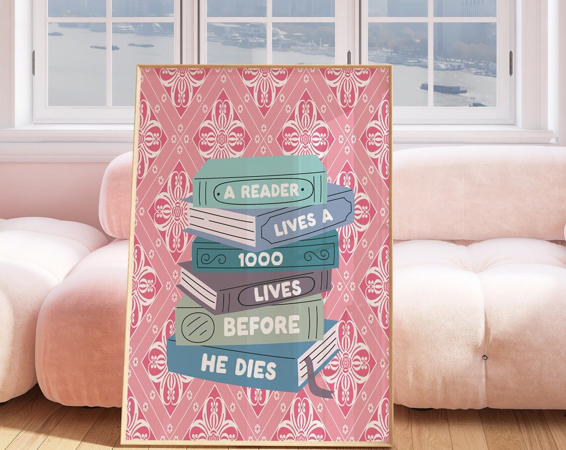 A Reader Lives 1000 Lives Stacked Books Library Quote Poster