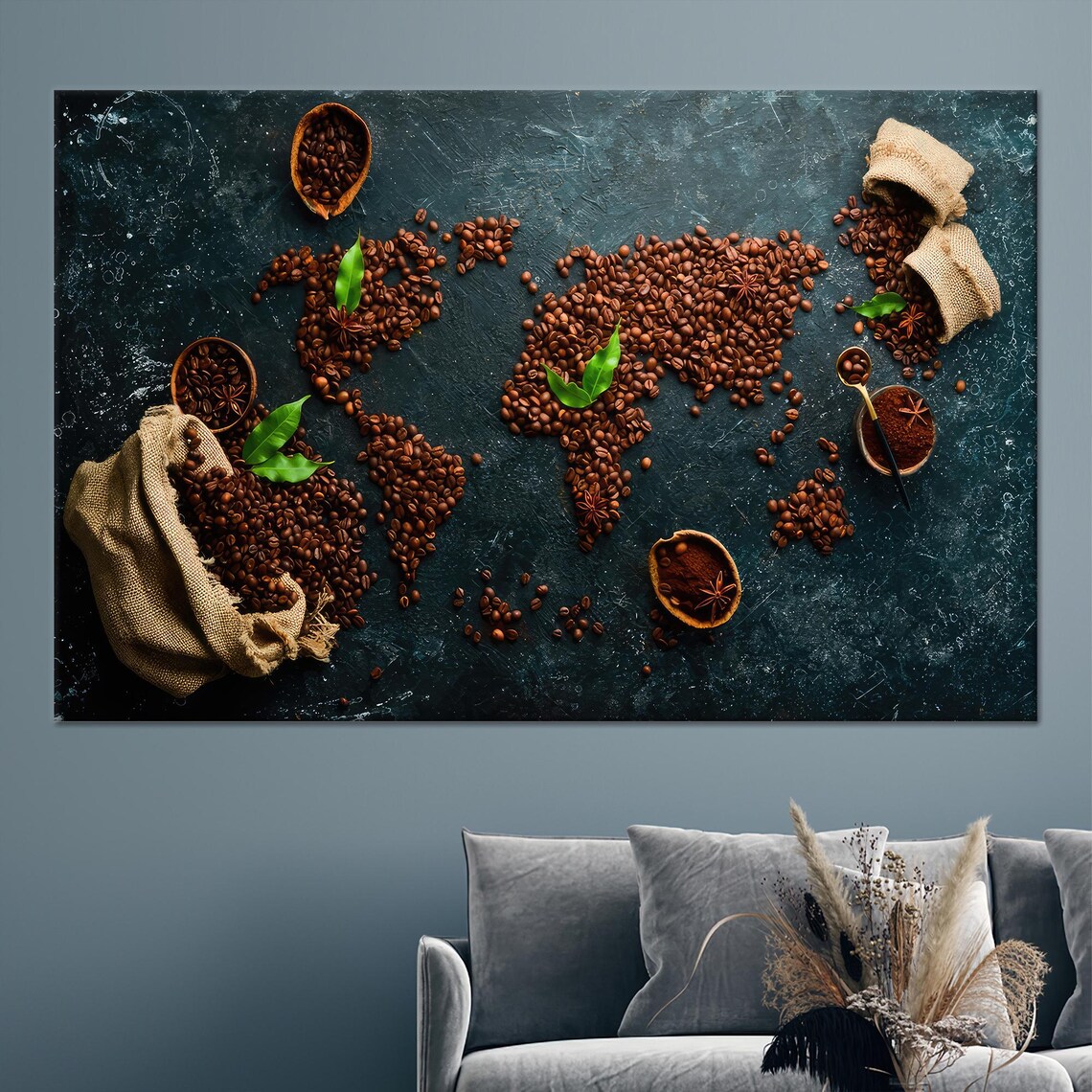 Coffee Map Art, World Map Kitchen Decor