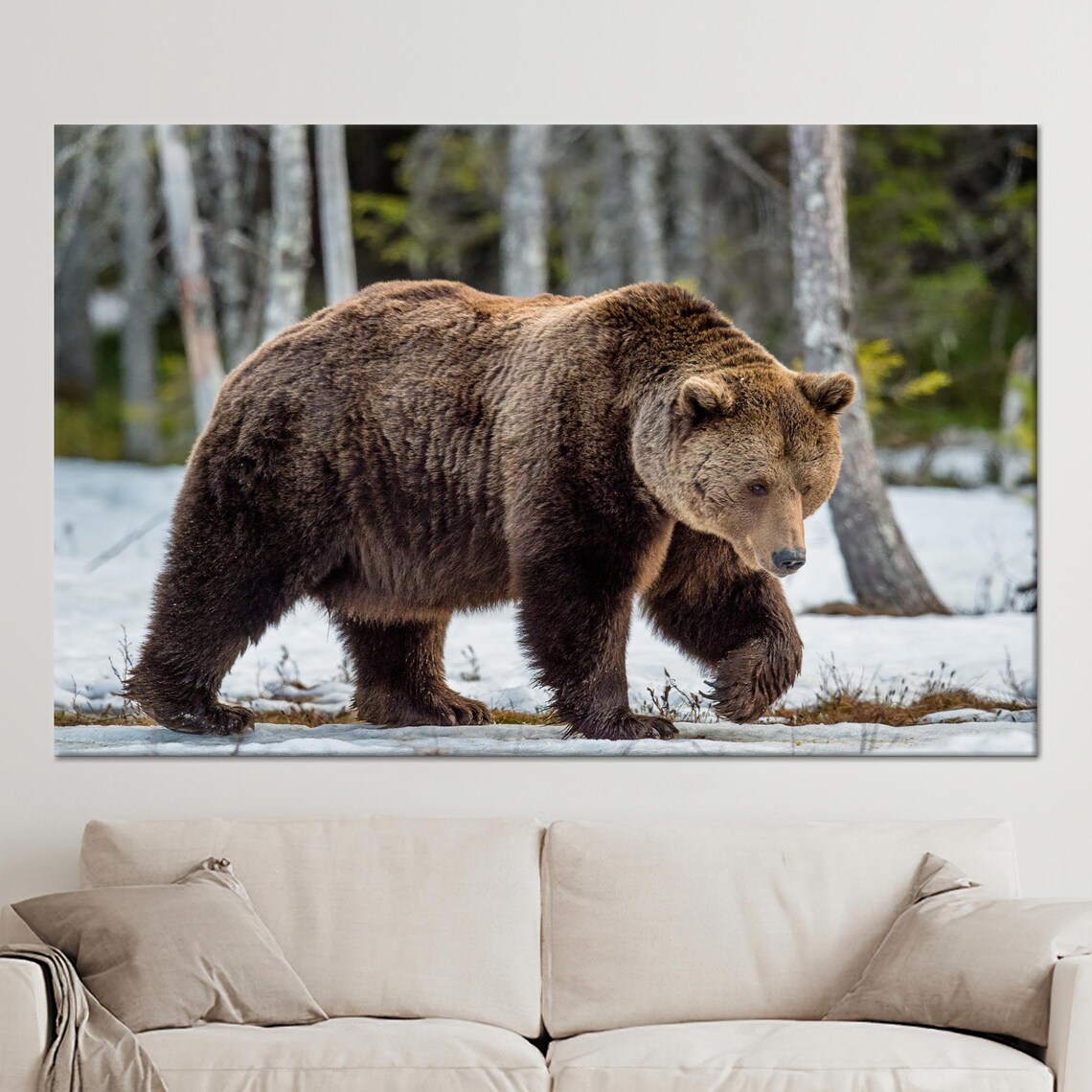 Brown Bear Walking Through Snowy Pine Forest Wildlife Poster