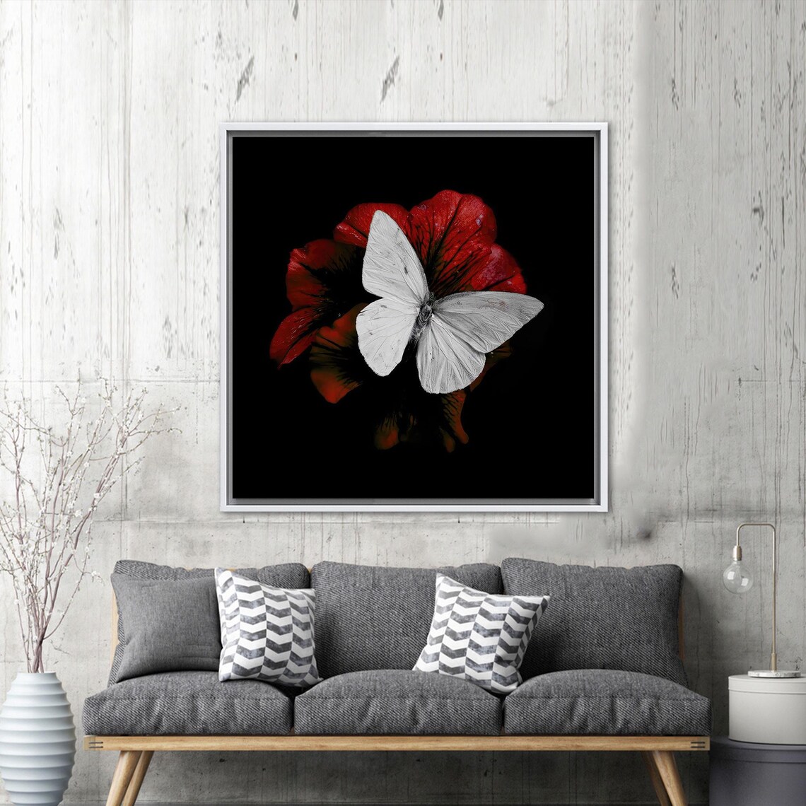White Butterfly On Red Flower, Modern Art Decor - Image 2